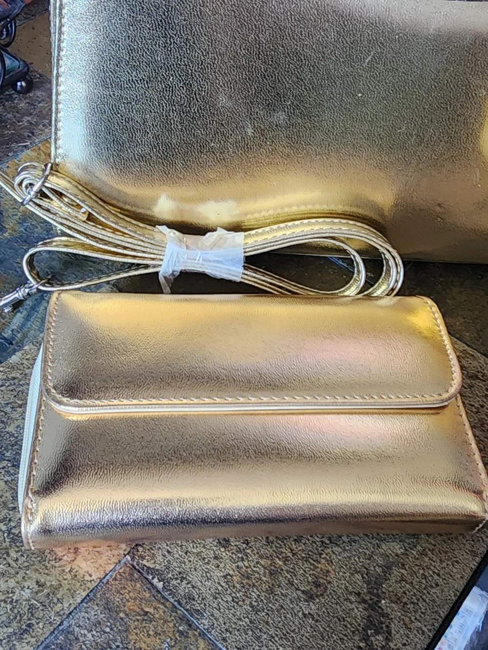 3 Pc Gold Metallic Structured Satchel Handbag with Matching Wallet